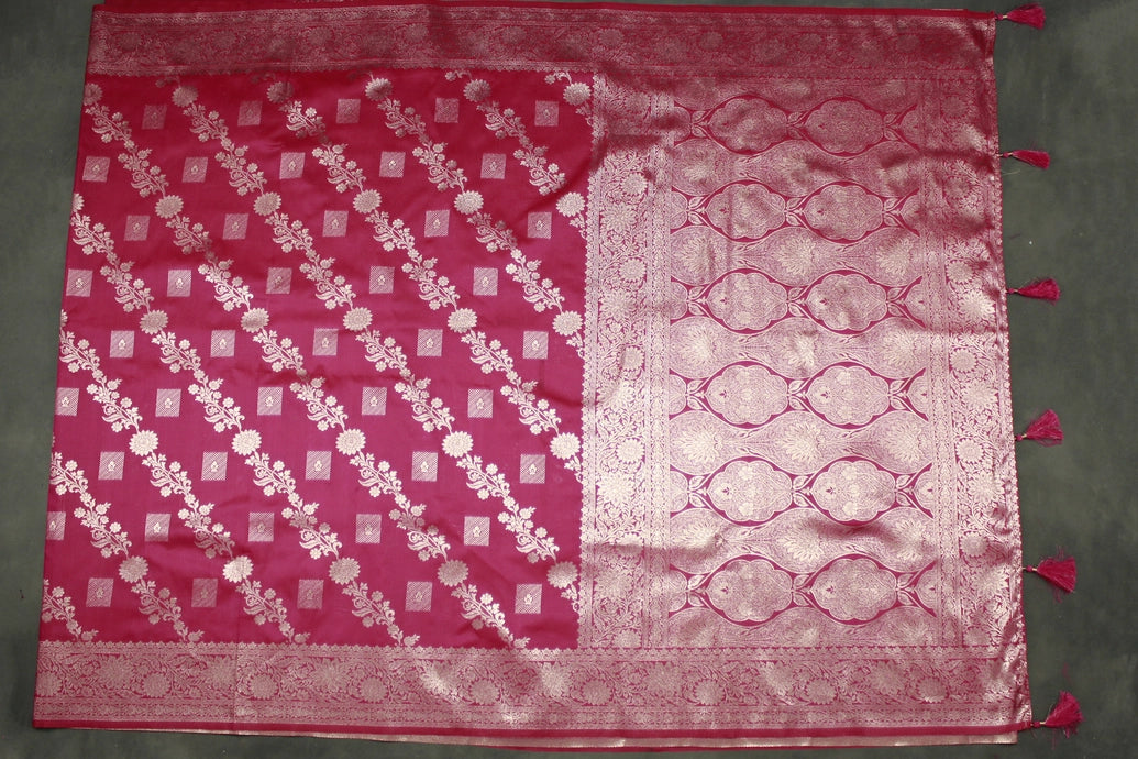 Pink Banarasi Soft Silk Zari Saree with Floral Motifs and Detailed Border, Tassels, Blouse Included