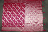 Pink Banarasi Soft Silk Zari Saree with Floral Motifs and Detailed Border, Tassels, Blouse Included