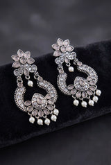 Light Pink Oxidized Silver-Tone Floral Teardrop Stone Pearl Drop Earrings for Women
