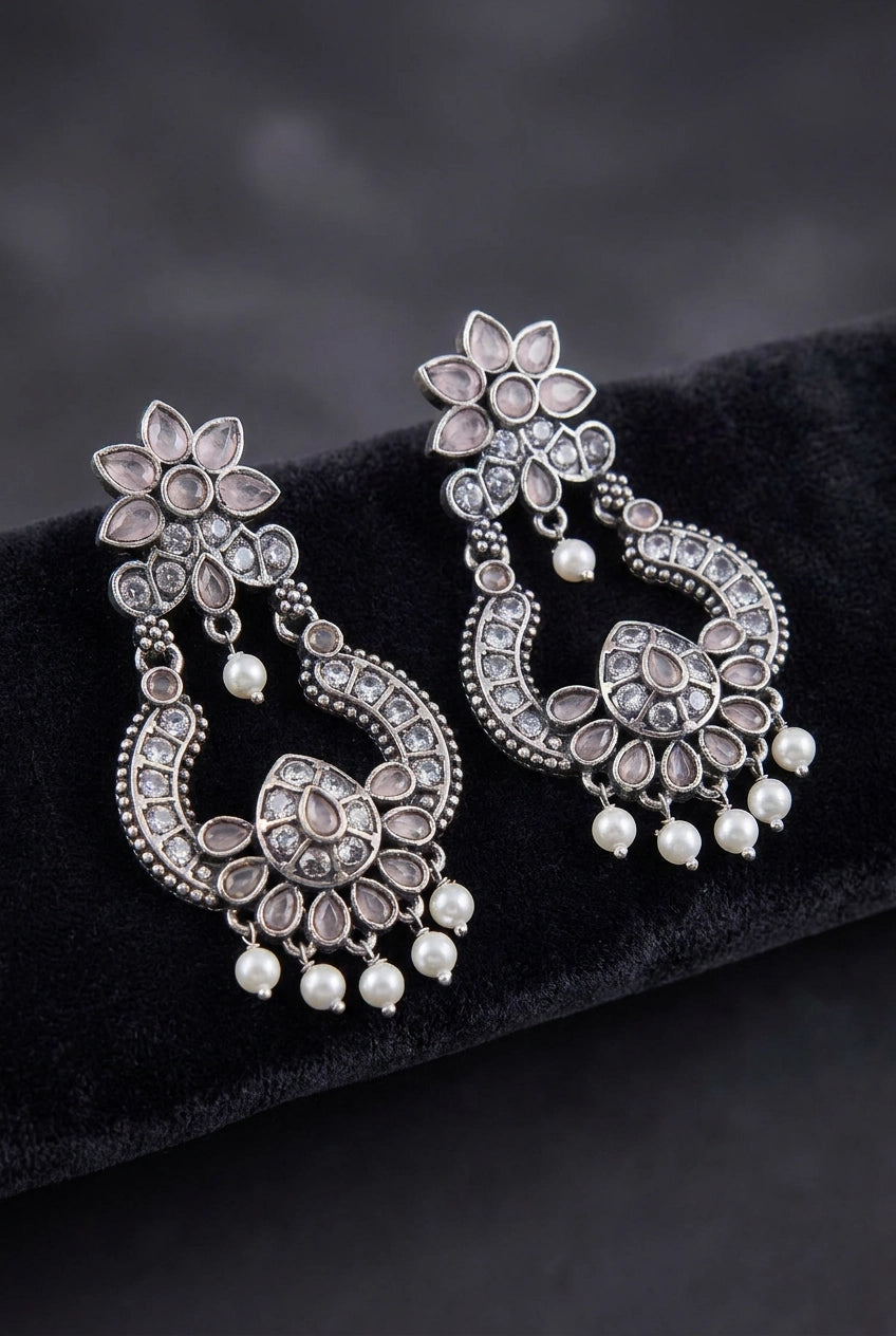 Light Pink Oxidized Silver-Tone Floral Teardrop Stone Pearl Drop Earrings for Women