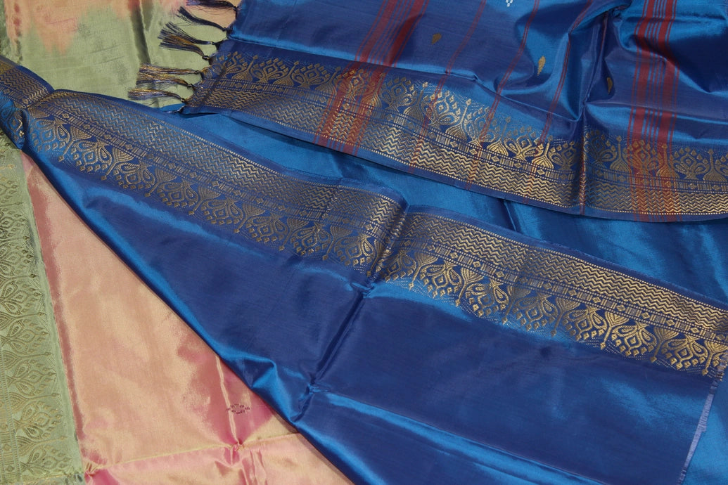 Blue Vaazhai Naar (Banana Pith) Saree with Zari Design Border, Small Butta and Blouse Piece