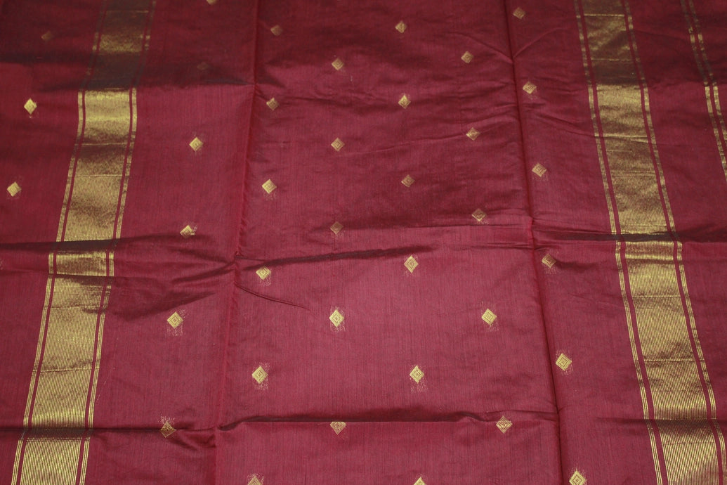 Maroon Silk Cotton Saree with Zari Border and Small Butti Pattern, Comes with Blouse