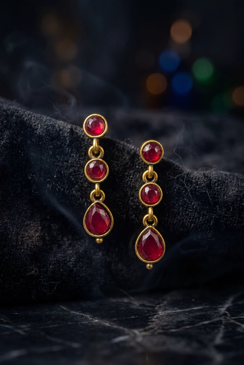 Maroon Gold-Tone Drop Fashion Earrings with Triple Oval Stones for Festive Wear