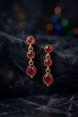 Maroon Gold-Tone Drop Fashion Earrings with Triple Oval Stones for Festive Wear