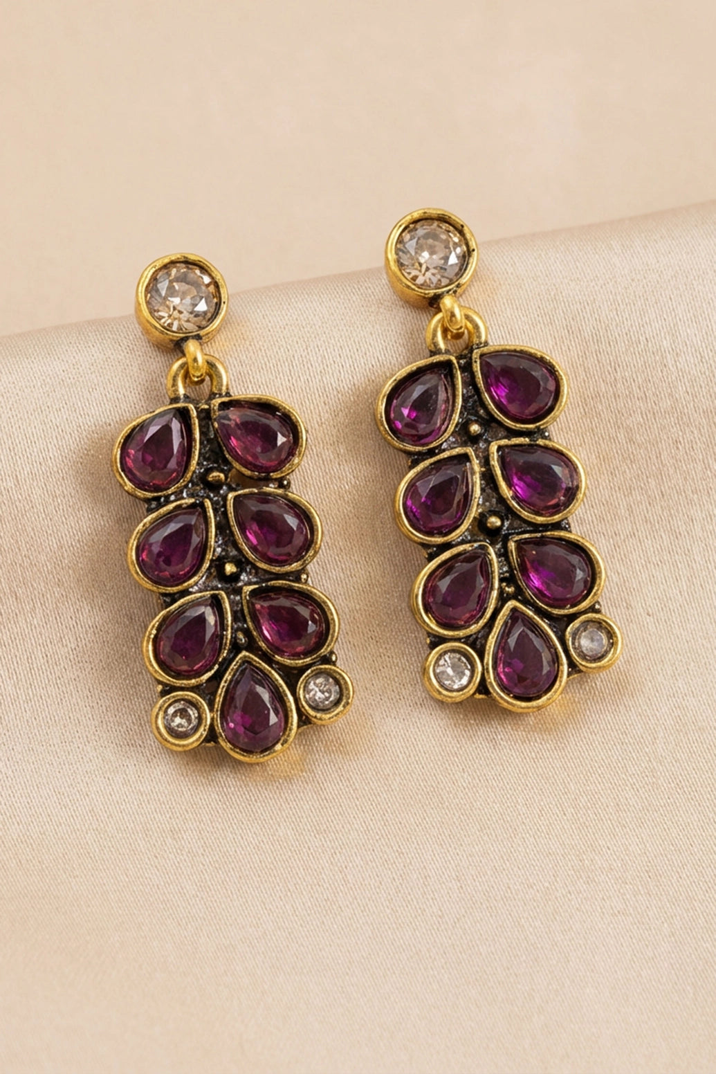 Purple Stone Antique Gold-Tone Teardrop Stud Drop Earrings for Women | Traditional Ethnic Fashion Jewellery