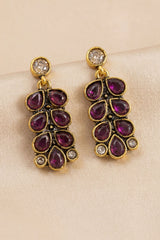 Purple Stone Antique Gold-Tone Teardrop Stud Drop Earrings for Women | Traditional Ethnic Fashion Jewellery