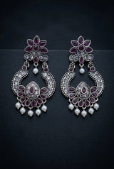 Purple Floral Oxidized Silver-Tone Teardrop Stone Jhumka Earrings with Pearl Drops for Women
