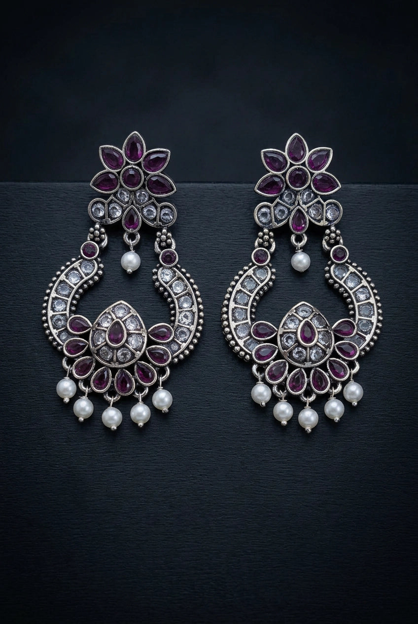 Purple Floral Oxidized Silver-Tone Teardrop Stone Jhumka Earrings with Pearl Drops for Women
