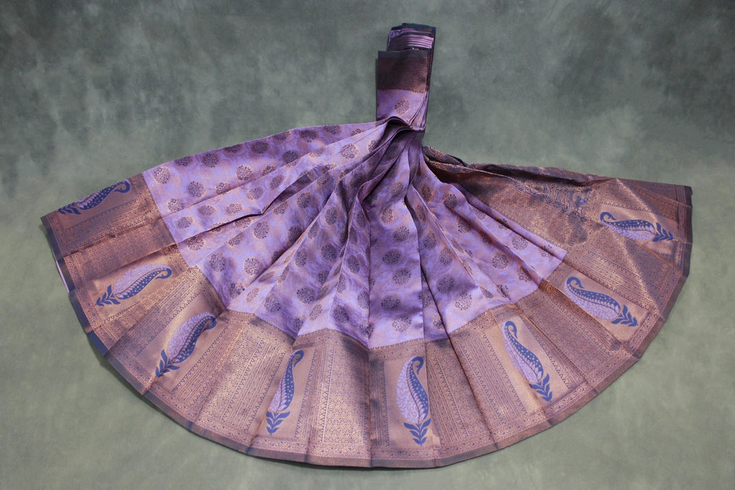 Lavender Kubera Pattu Silk Saree with Contrast Border and Blouse, Semi Silk Traditional Wear