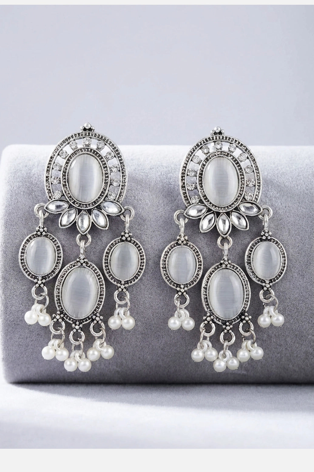 Grey Oxidized Silver-Tone Oval Stone Chandbali Earrings with Pearl Drop Beads for Women