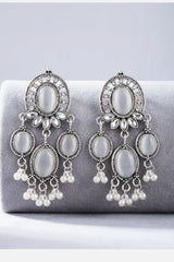 Grey Oxidized Silver-Tone Oval Stone Chandbali Earrings with Pearl Drop Beads for Women