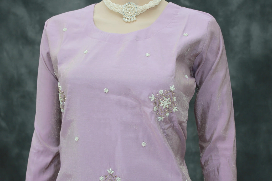 Lavender Shimmer 3-Piece Kurti Set with Aari & Pearl Embroidery, Elastic Pants and Printed Organza Dupatta