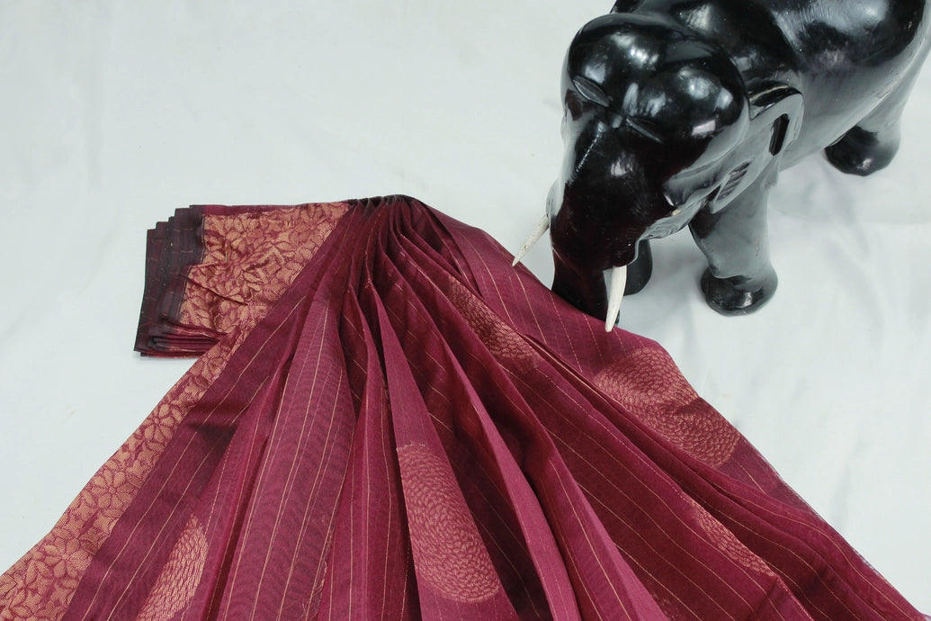 Maroon Silk Cotton Saree with Zari Border, Borderless Finish and Matching Blouse