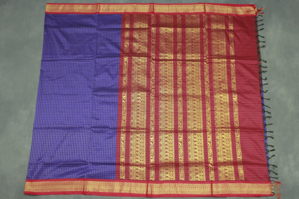Violet Kalyani Cotton Saree with Zari Checked & Peacock Border and Blouse