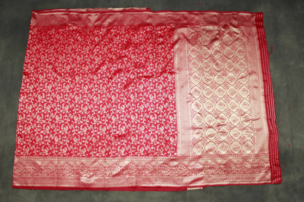 Ajmera Fashion Pink Banarasi Handloom Satin Saree with Floral Woven Embroidered Print and Blouse