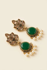 Green Leaf Drop Pearl Earrings, Gold-Tone Antique Finish Crystal Stones & Pearl Dangles, 2 inch