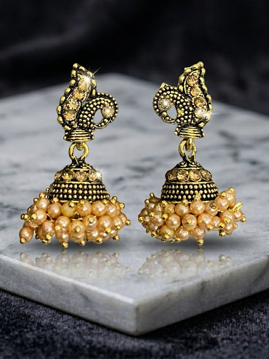 Peach Jhumka Style Antique Look Beaded Earrings for Women, Traditional Floral Leaf Motif
