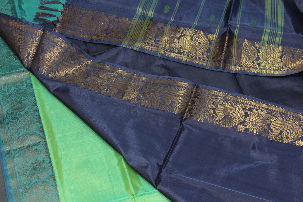Banana Pith (Vaazhai Naar) Navy Blue & Green Saree with Zari Design Border