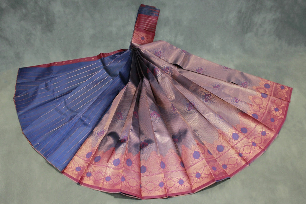 Navy Blue Kubera Pattu Silk Saree with Traditional Border and Blouse Piece | Semi Silk