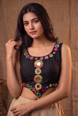 Mirror-Work Navratri Sleeveless Blouse with Pearl Bead Mirror Clusters and Diamond Motifs