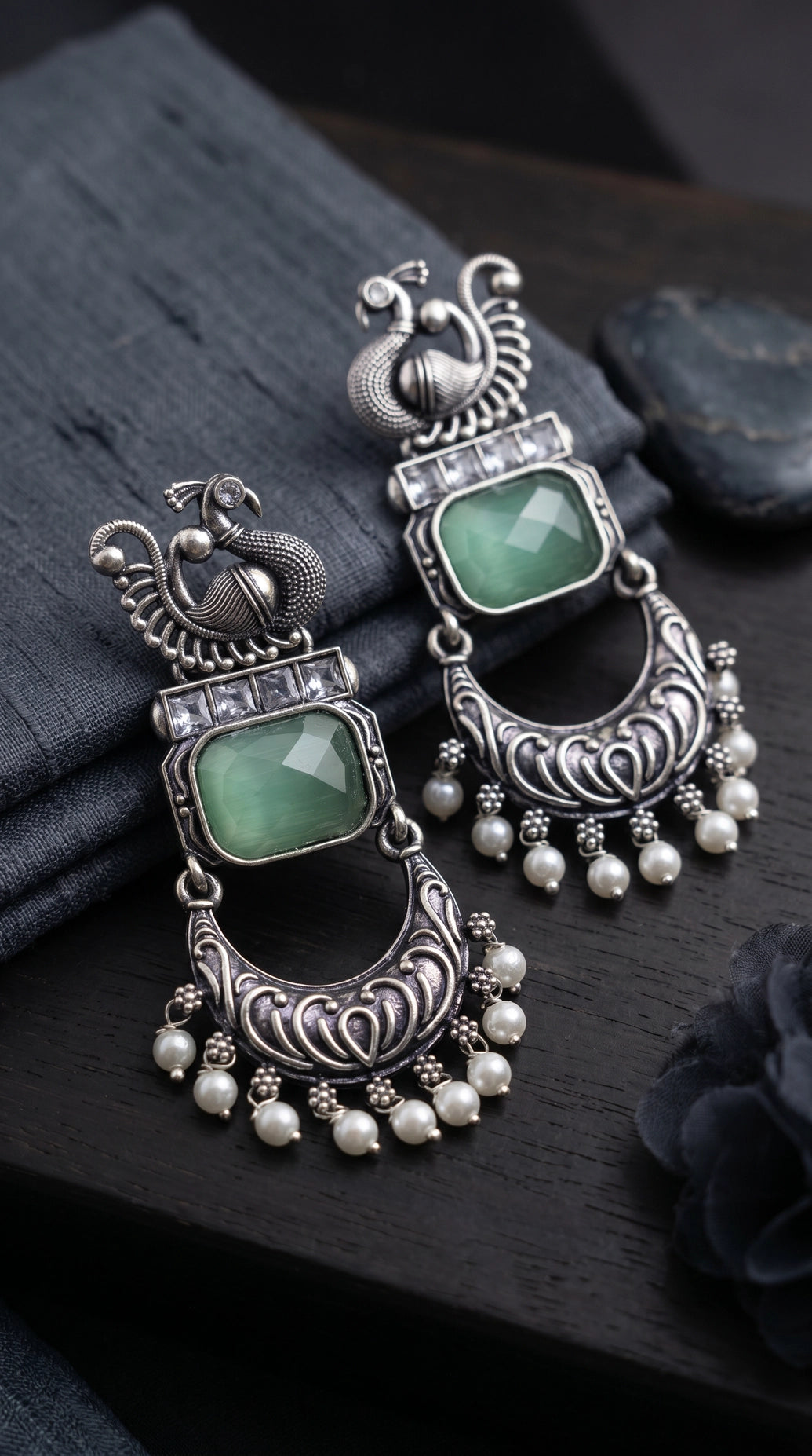 Mint Green Peacock Motif Antique Style Fashion Earrings with Clear Stones & Pearl Drops for Festive Wear