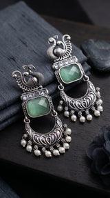 Mint Green Peacock Motif Antique Style Fashion Earrings with Clear Stones & Pearl Drops for Festive Wear