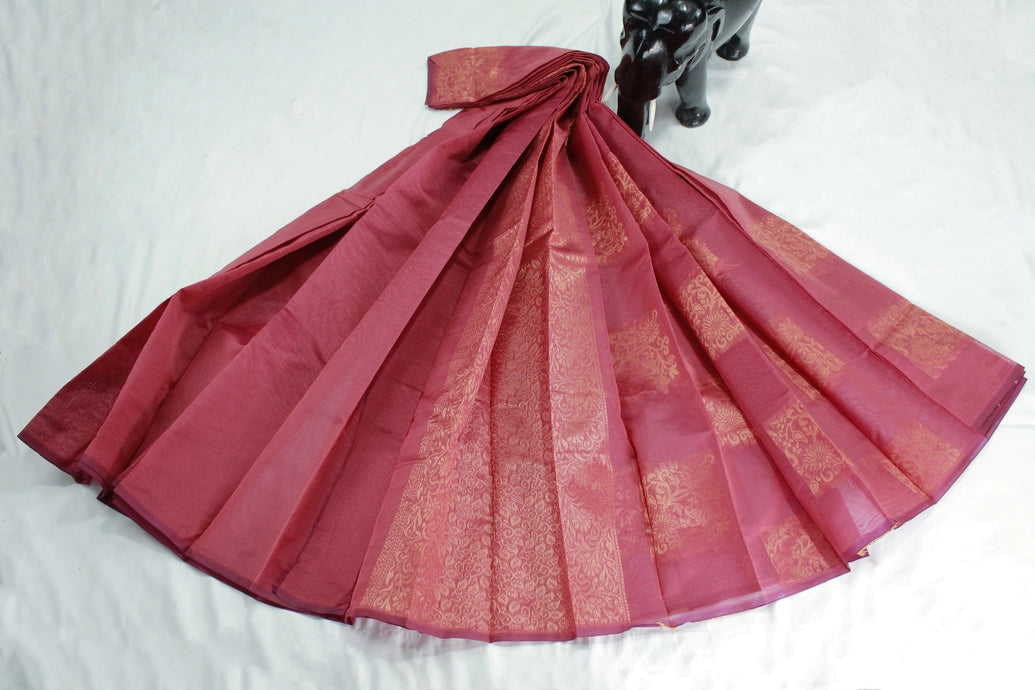 Brown Silk Cotton Saree with Zari Border, Borderless Design and Blouse Piece for Festive Wear
