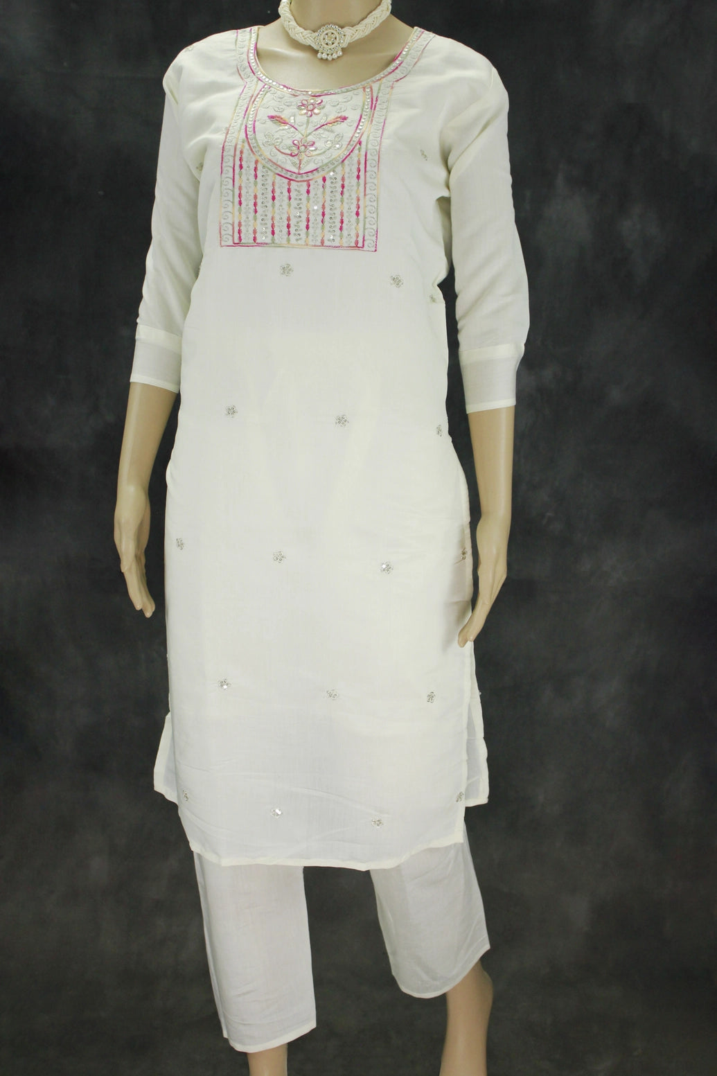 White Roman Silk Kurti with Pant & Organza Digital Dupatta - Zari Sequence Neck Design, 3-Piece Set