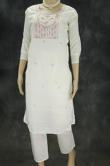 White Roman Silk Kurti with Pant & Organza Digital Dupatta - Zari Sequence Neck Design, 3-Piece Set