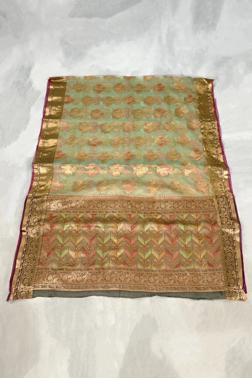 Green Cotton Organza Saree with Zari Grand Pallu and Designer Border, Comes with Blouse