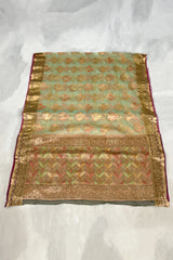 Green Cotton Organza Saree with Zari Grand Pallu and Designer Border, Comes with Blouse