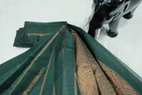 Dark Green Silk Cotton Saree with Zari Border and Blouse Piece, Border Less Design for Women