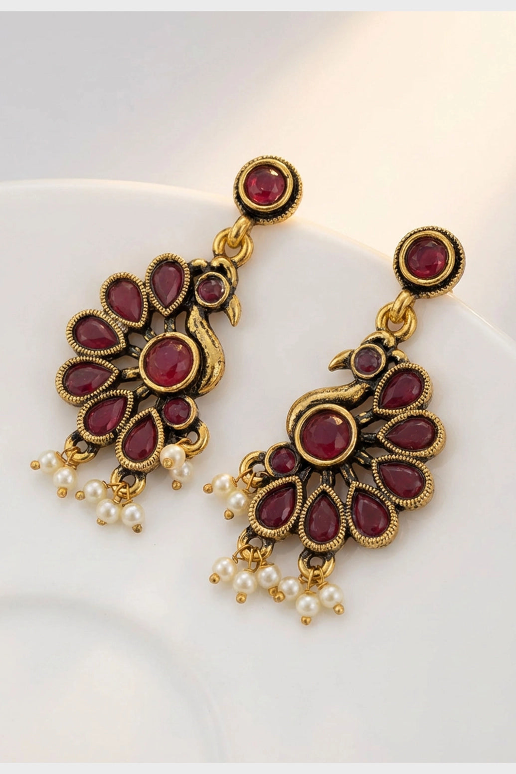 Maroon Pearl Drop Gold-Tone Stud Dangler Earrings for Traditional Ethnic Wear