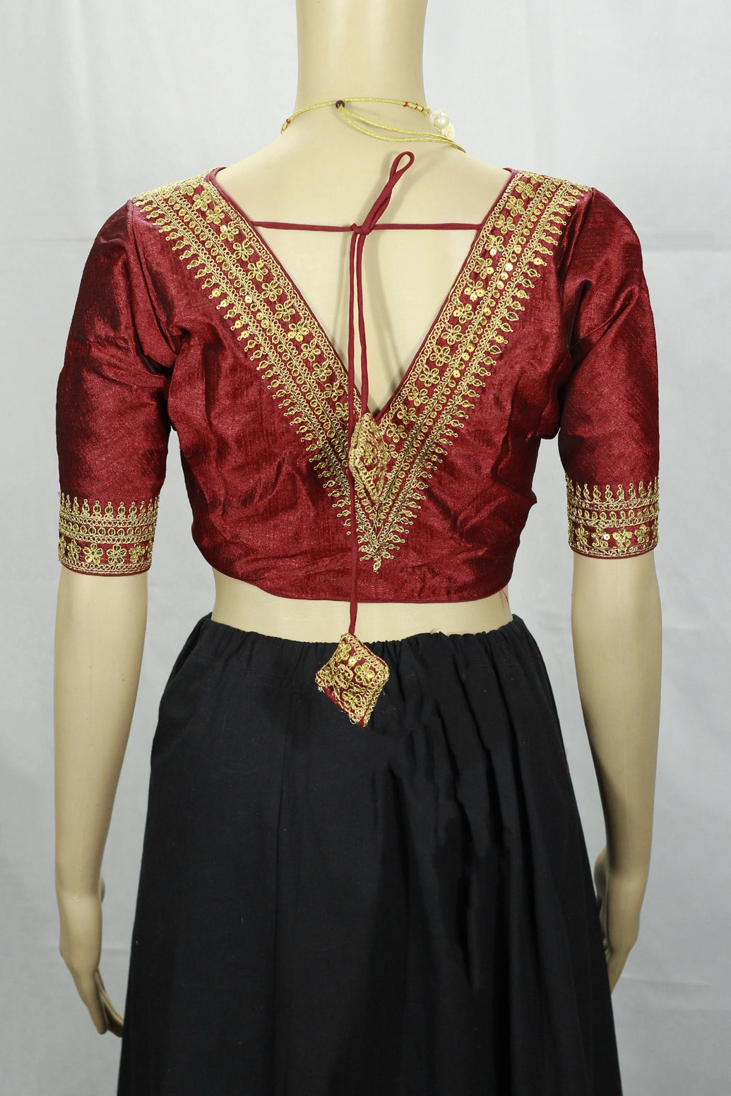 Maroon Readymade Padded Designer Blouse with V-Neck Gold Zari & Sequin Work, Elbow Sleeves, Back Knot