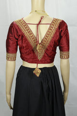 Maroon Readymade Padded Designer Blouse with V-Neck Gold Zari & Sequin Work, Elbow Sleeves, Back Knot