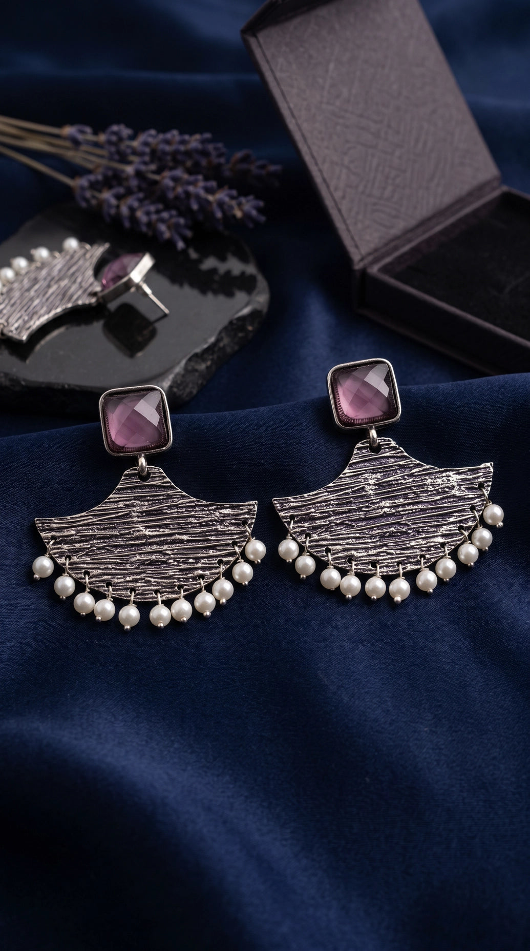 Purple Stone Triangular Dangler Earrings with Pearl Beads, Silver-Toned Fashion Jewellery for Party & Festive Wear