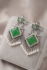 Green Oxidized Silver-Tone Teardrop Drop Earrings with Pearl & Floral Motifs for Traditional Wear