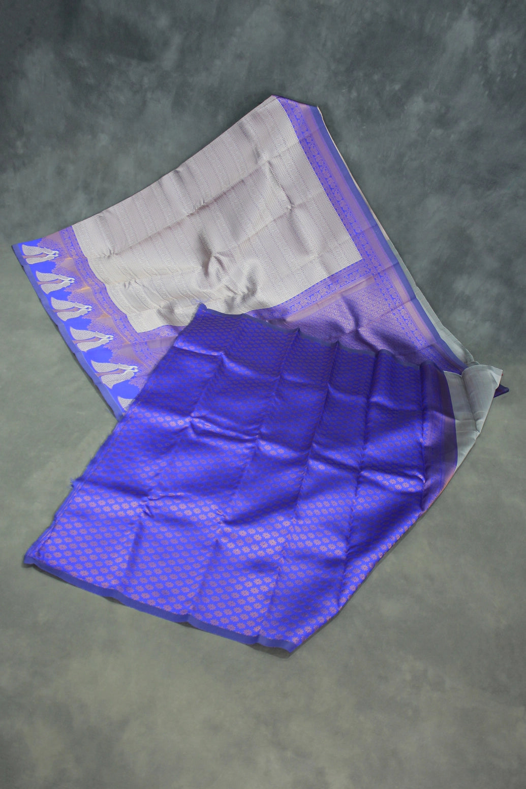 Kubera Pattu Saree with Peacock Border and Blouse, Light Grey Semi Silk