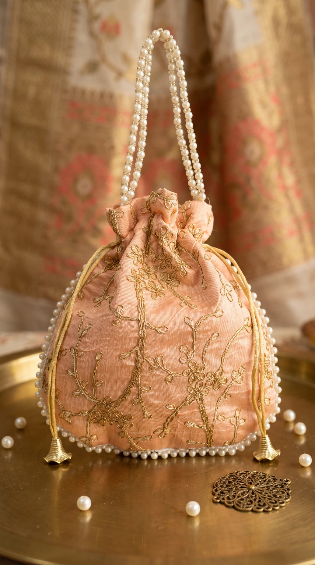 Peach Embroidered Pearl Beaded Potli Bag Drawstring Pouch for Wedding Festive Return Gifts