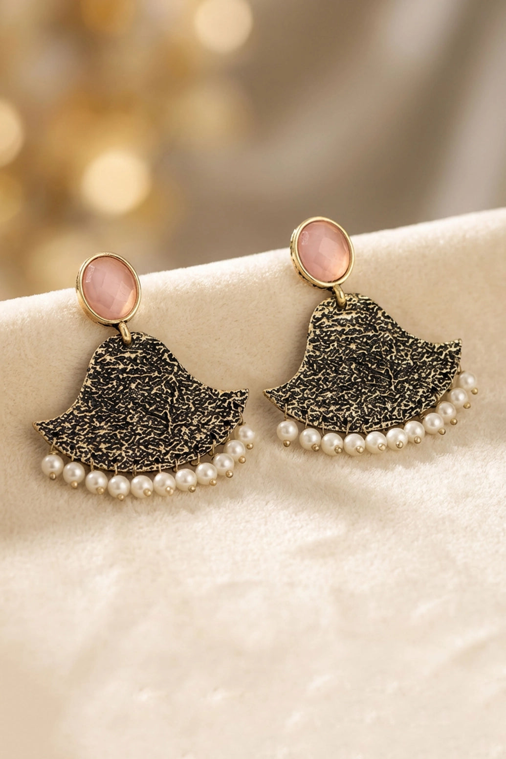 Pink Stone Gold-Tone Textured Dangle Earrings with Pearl Drops for Festive Party Wear
