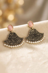 Pink Stone Gold-Tone Textured Dangle Earrings with Pearl Drops for Festive Party Wear
