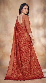 Red Bandhani Print Chiffon Saree with Gold Zari Geometric Motifs and Broad Elegant Border for Festive Wear