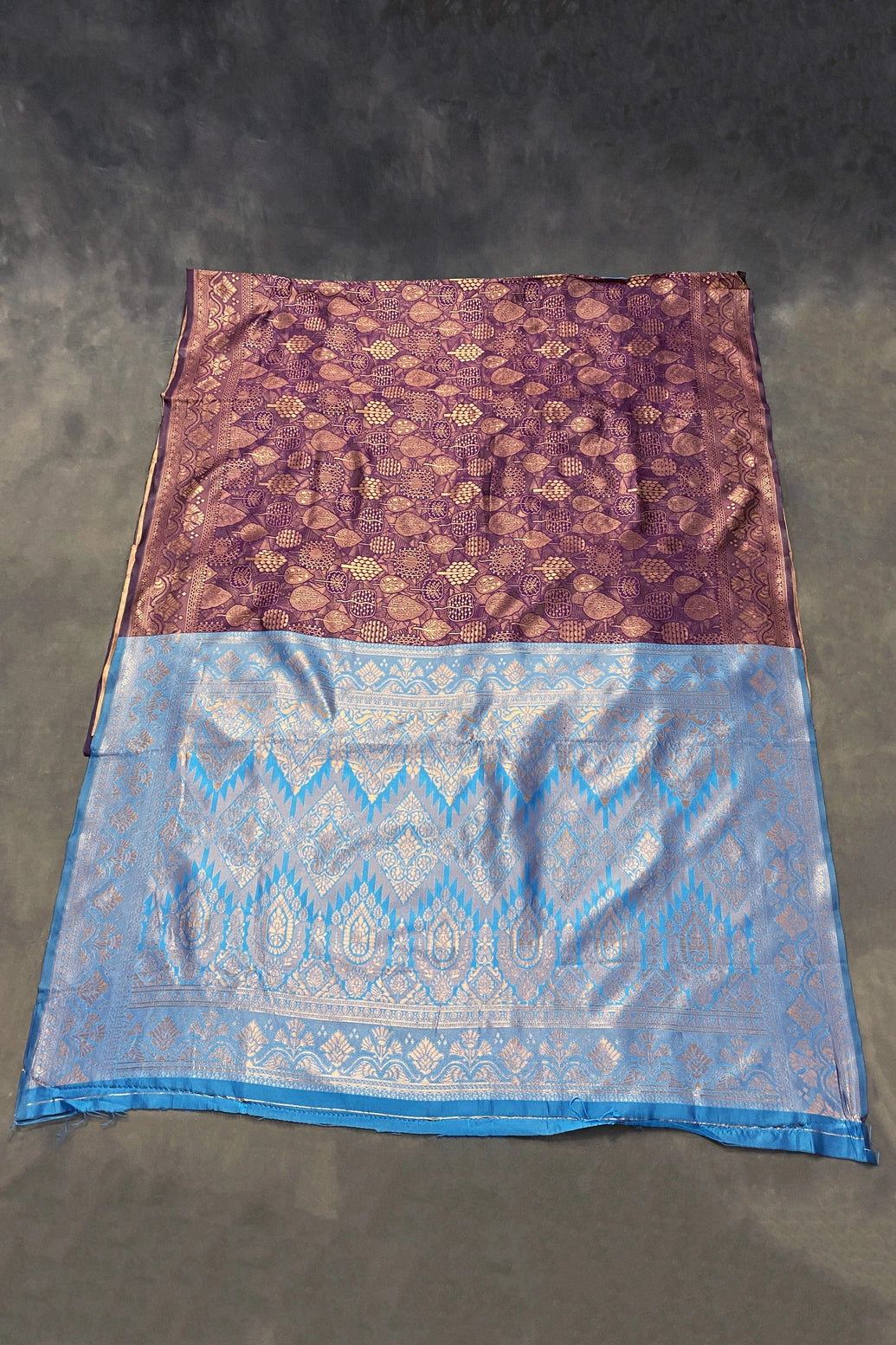 Purple Floral Soft Silk Designer Saree with Contrast Blue Border and Blouse Piece, Elegant Wedding Wear