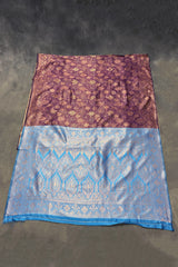 Purple Floral Soft Silk Designer Saree with Contrast Blue Border and Blouse Piece, Elegant Wedding Wear