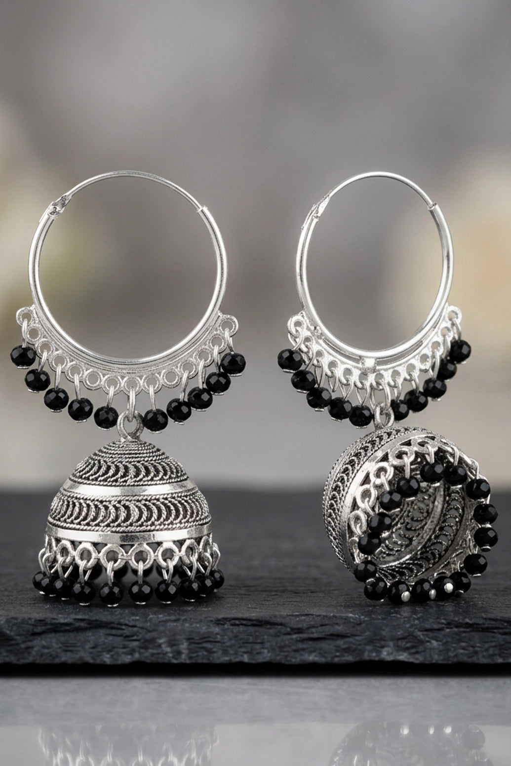 Black Silver Oxidized Jhumka Hoop Earrings with Black Beads, Bali Style Round Hoop for Traditional Wear