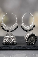 Black Silver Oxidized Jhumka Hoop Earrings with Black Beads, Bali Style Round Hoop for Traditional Wear
