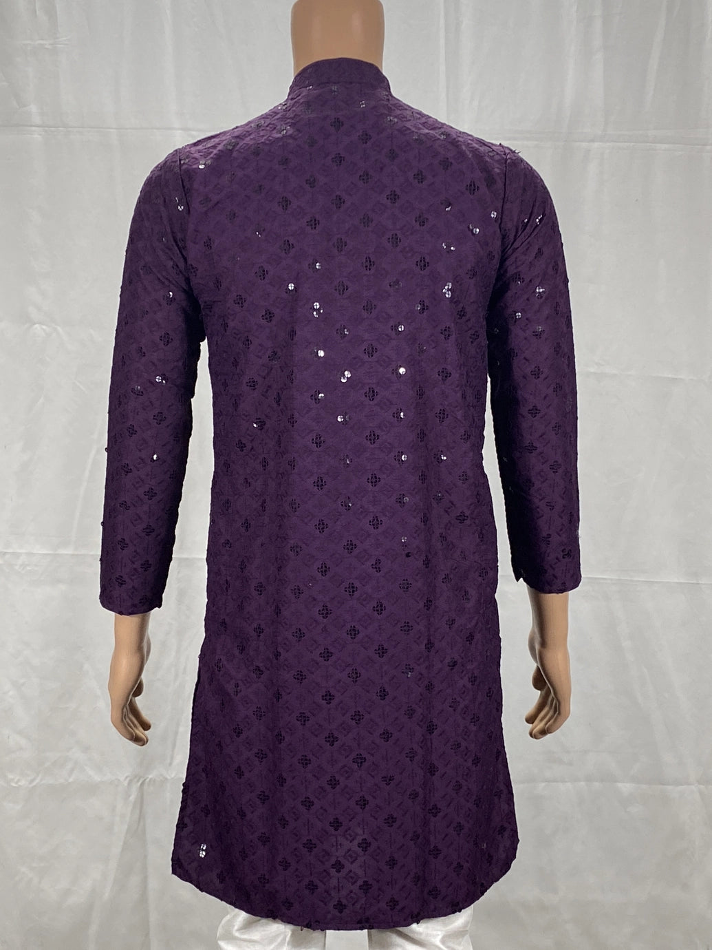 Men Purple Lakhnavi Kurta with All-Over Motif and Stand Collar for Festive Wear