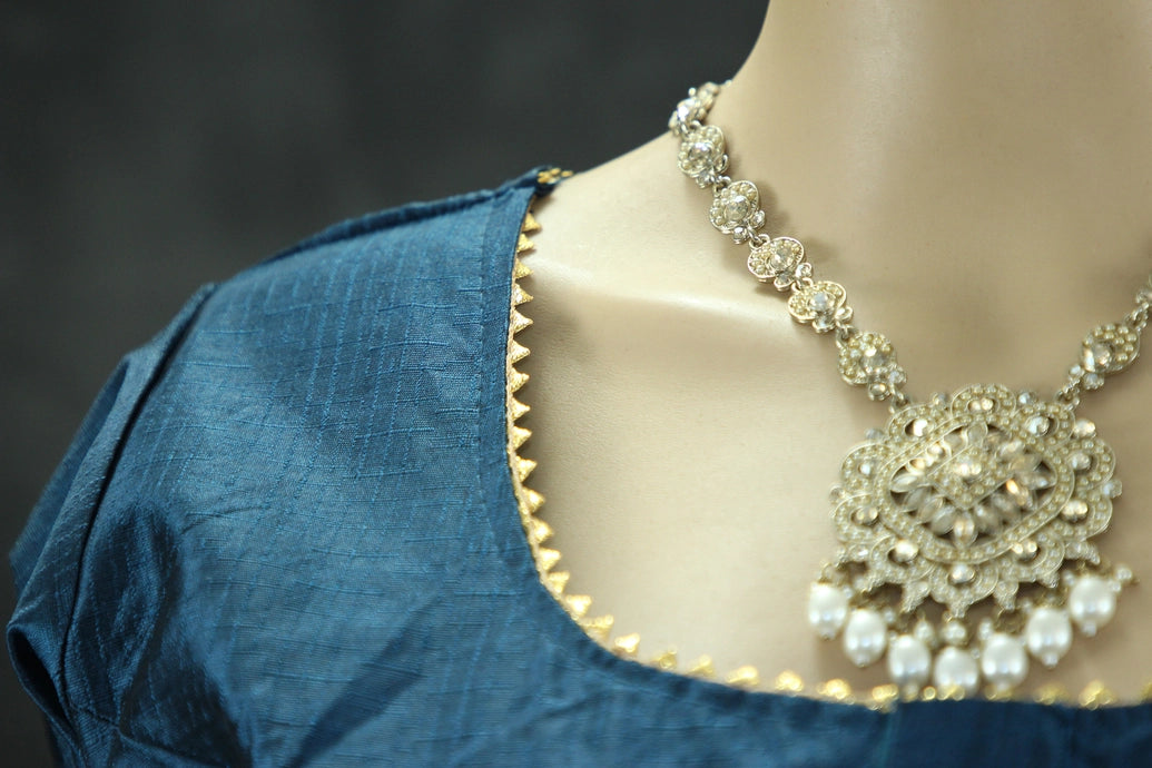Readymade Navy Blue Raw Silk Padded Designer Blouse with Elbow Sleeves and Back Knot Blouse JCS Fashions