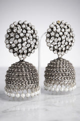 Oxidized Silver Tone Jhumka Earrings with White Stone Stud Top and Pearl Drop Dangles