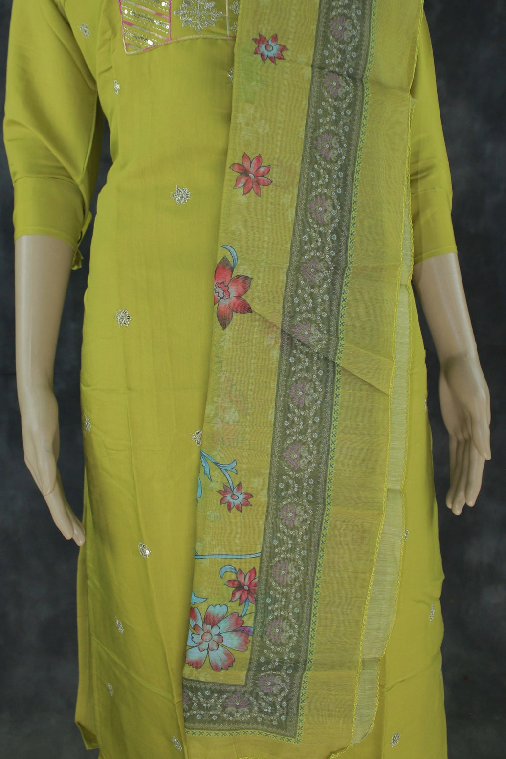 Roman Silk Olive Green 3-Piece Kurti Set with Embroidered Yoke & Printed Dupatta Kurti JCS Fashions